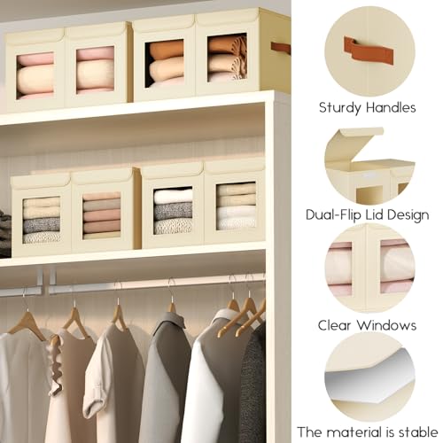 Homsorout Large Closet Storage Bins - Collapsible Divided Clothes Organizer with Lids & Dual Window, Fabric Organizing Bins for Clothes, Sweater, Bedroom, Office (Beige, 2 Pack) - color: Beige, size: L(2-Pack)