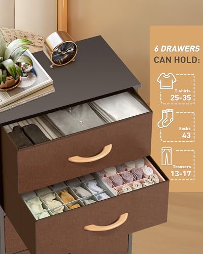 Mifuro Tall Dresser for Bedroom with 6 Drawers, Vertical Storage Organizer Tower, Chest of Drawers with Fabric Bins, Steel Frame, Wood Top for Bedroom, Closet, Entryway- Brown - color: Brown, size: 6 Medium Drawers