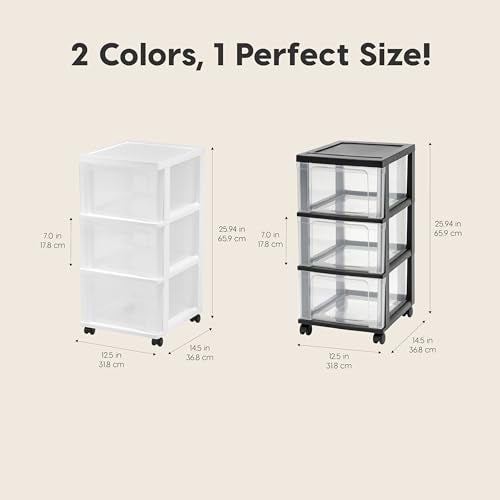 IRIS USA Plastic 3-Drawer Storage Organizer Rolling Cart, with Wheels Casters, 2-Pack, for Classroom Art Supplies Bathroom Dorm Bedroom Laundry Room, Slim Narrow, Black/Clear - color: Black