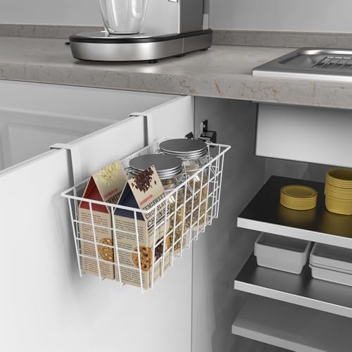 MaraFansie Basket with Hook, Grid Storage Basket, Over the Cabinet Door Organizer, Wire Hanging Basket with Hook Over the Railing, Under Sink Kitchen Cabinet, Pantry, Bathroom, White, 2 Pack - color: WHITE, size: 2 PACK
