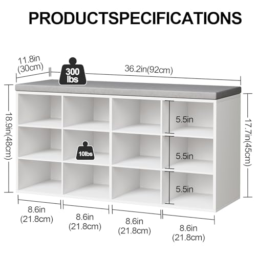 Aenuert 12-Cubby Shoe Rack with Cushion, 3-Tier Wood Shoe Organizer, Multifunctional Shoe Organizer Bench for Entryway, Mudroom, Hallway, Closet,36.22 * 11.81 * 17.7 Inch, White - color: White Cushion, size: 12-cube 3-tier
