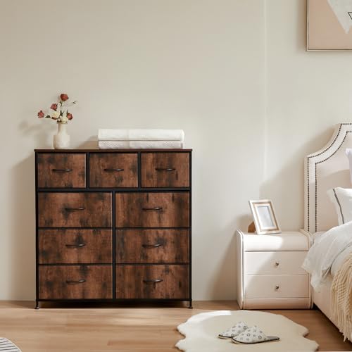Sweetcrispy Dresser for Bedroom with 9 Storage Drawers, Large Fabric Storage Tower Organizer, Chest of Drawers with Metal Frame Wooden Top for Closet, Living Room, Entryway, Brown - color: Brown, size: 39.4"D x 11.8"W x 40"H (9 Drawers)