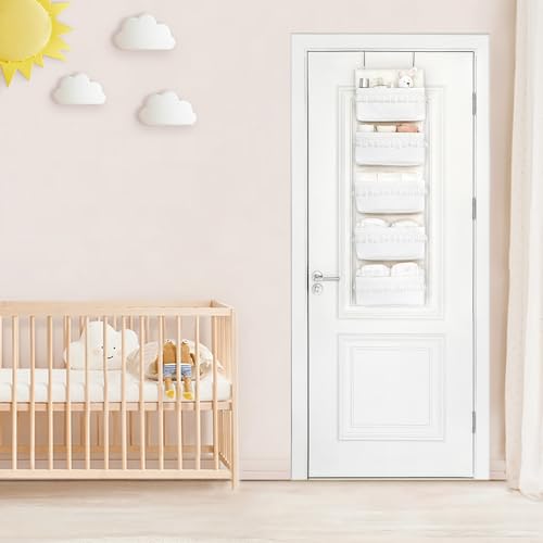 Dahey Over The Door Organizer Boho Nursery Storage Decor Closet Hanging Organizer with Tassels Decoration for Bedroom Nursery Bathroom Apartments Dorm Pantry, 5 Pockets, White - color: White, size: Large