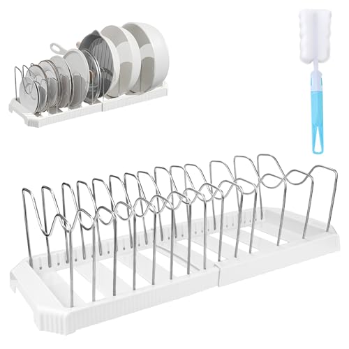 Pots and Pans Organizer Under Cabinet, 14-Slot Expandable Pot Rack Organizer with Cup Brush, Kitchen Pots and Pans Organizer for Cookware, Lids, Bakeware, Cutting Boards Tool-Free Installation (White) - color: White