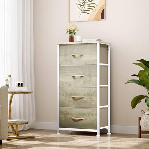 YITAHOME Dresser with 4 Drawers - Fabric Storage Tower, Organizer Unit for Bedroom, Hallway, Hallway, Closets - Sturdy Steel Frame, Wooden Top & Easy Pull Fabric Bins - color: Cool Oak Greige, style: 4-Drawer