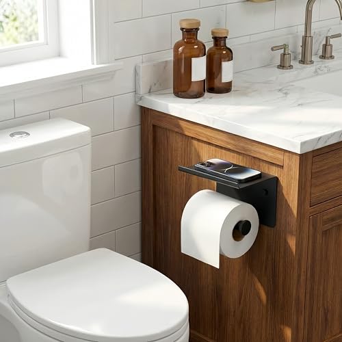 FORIOUS Toilet Paper Holder with Shelf, Adhesive or Screw Wall Mount Toilet Paper Roll Holder for Bathroom, SUS 304 Stainless Steel Commercial Toilet Tissue Holder with Storage Dispenser, Matte Black - color: Matte Black
