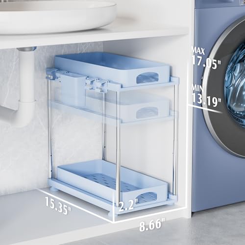 VERIFOST Under Sink Organizer (2 Pack), 2 Tier Under Sink Organizer, Adjustable Height Cabinet Organizer and Storage, in Blue - color: Blue