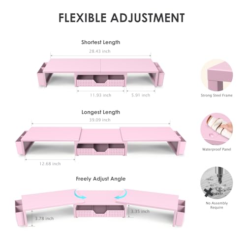 OPNICE Desk Organizers and Accessories, Dual Monitor Stand Riser with Drawer and 2 Pen Holders, Desk Shelf Metal Computer Racks for Office Workspace Organizers, Desktop Organization (Pink Metal) - color: Pink Metal, size: With drawer and pen holder