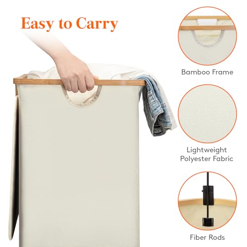 Lifewit 170L Double Laundry Hamper with Lid, Large Laundry Basket with Removable Bag & Bamboo Handles, Fodable Tall Dirty Clothes Hamper for Laundry Collapsible Bin for Bathroom Bedroom Dorm, Beige - color: Beige, size: 170L