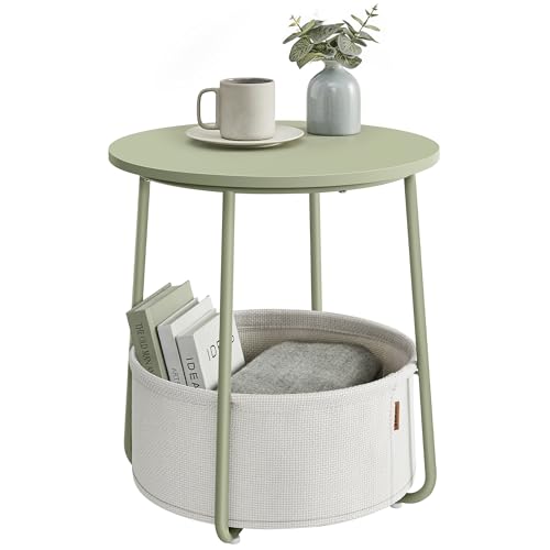 VASAGLE LILEA Collection - Small Round Side End Table, Modern Nightstand with Fabric Basket, Laurel Green and Cream White ULET223C69 - color: Laurel Green + Cream White, size: Round + 1 pack