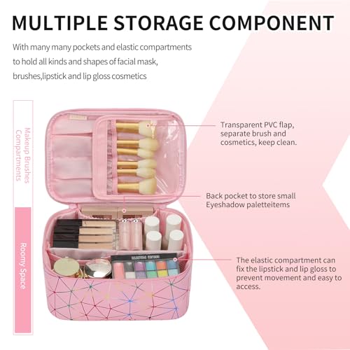 OCHEAL Makeup Bag - Portable Large Capacity Travel Cosmetic Case for Women with Handle and Divider Toiletry Organizer for Girls on the Go -Geometric Pink - color: 0021_Geometric Pink, size: Medium