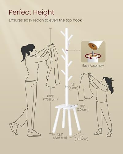 VASAGLE Coat Rack, Free Standing Coat Stand, Hall Coat Tree with 8 Hooks and Storage Shelf, 69.2 Inch Tall, for Coats, Hats, Bags, for Entryway, Hallway, Bedroom, Cloud White URCR033W01 - color: Cloud White, style: round tray
