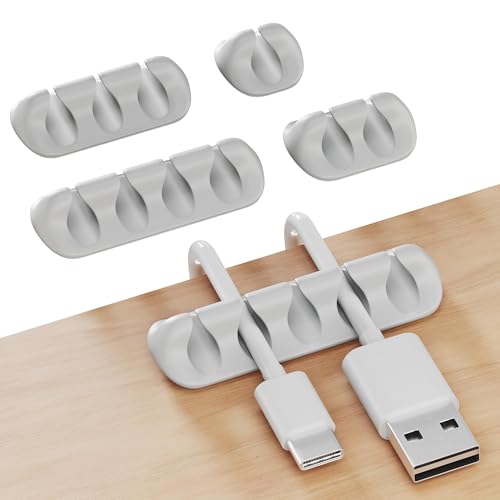 GLUIT Cord Organizer for Desk, Cable Holder for Nightstand, Charger Organizer, Adhesive Desktop Wire Clips, Multislot Cable Management, Table Organizer Accessories - 5 Pack, 15 Slots, Grey - color: Grey