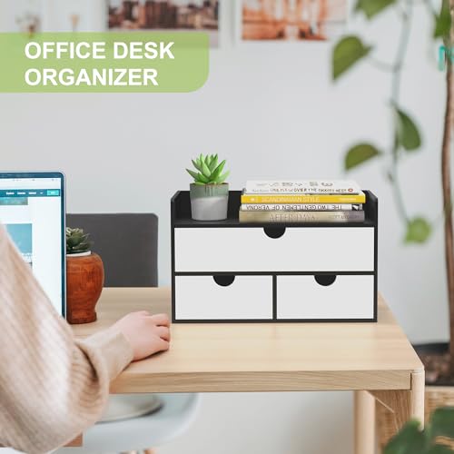 Wisuce Desk Organizer with Drawers - Bamboo Desktop Organizer Storage | Black-White Wood Desk Makeup Dresser Top Organizer for Cosmetics No Assembly Required - color: Black-White, size: 13”L x 6.6”W x7.87”H