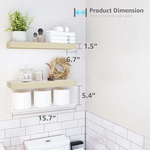 QEEIG Bathroom Shelves Over Toilet - Wall Mounted Floating Shelves Toilet Paper Storage Small Farmhouse Decor Shelf 16 inch Set of 2, Natural (019-BNW2) - color: E. Natural, size: 2pcs