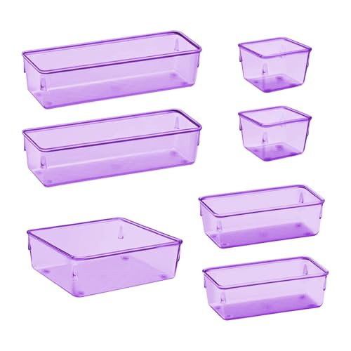 Acrimet Drawer Organizer Modular, Box Tray Storage Bins for Office, Home, Makeup, Kitchen, Junk Drawer (7 Units - 4 Sizes) (Clear Purple Plastic) - color: clear purple