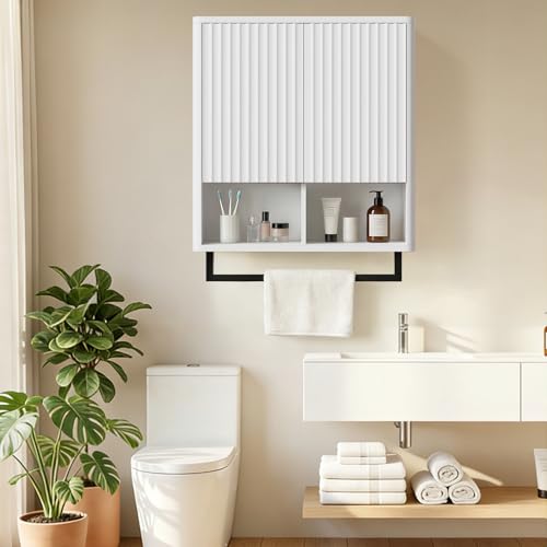 Bathroom Wall Storage Cabinet, Over The Toilet Medicine Cabinet, Hidden Storage & Open Shelves, Small 2-Door Multi-Functional Bathroom Organizer with Towel Bar for Bathroom & Kitchen (White) - color: White