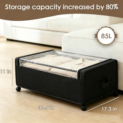 Under Bed Storage with Wheels, 2-Pack Under the Bed Storage Containers with Clear Lids & Label, Underbed Storage Bins, XXXL 85L 11 inches Rolling Metal Drawer for Clothes, Shoes, Toys, Books - Black - color: Black-2Pack, size: 11 inch-height