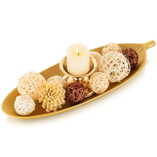 Hanobe Decorative Bowls for Home Decor: Leaf Shaped Wood Key Tray Entryway Decor Leaves Bowl for Fireplace Mantel, Gold - color: Gold, size: 16" x 5.9" x 1.2"