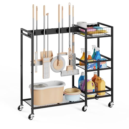 Broom Holder with Cleaning Supplies Organizer, Movable Broom Closet Storage Cabinet with Cleaning Caddy, Cleaning Cart with Mop Rack, Janitorial Housekeeping Cart on Wheels, Laundry Room Organization - size: Large