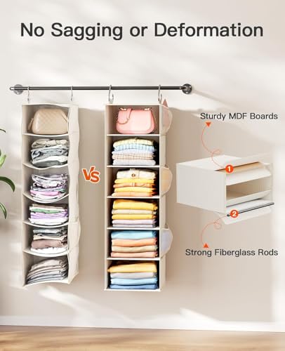 Pipishell Hanging Closet Organizer 6-Shelf, Hanging Shelves for Closet with 3 Removable Drawers & Side Pockets for Bedroom, Garment Rack and Wardrobe Organization, 12' x 12' x 43.3', White - color: White