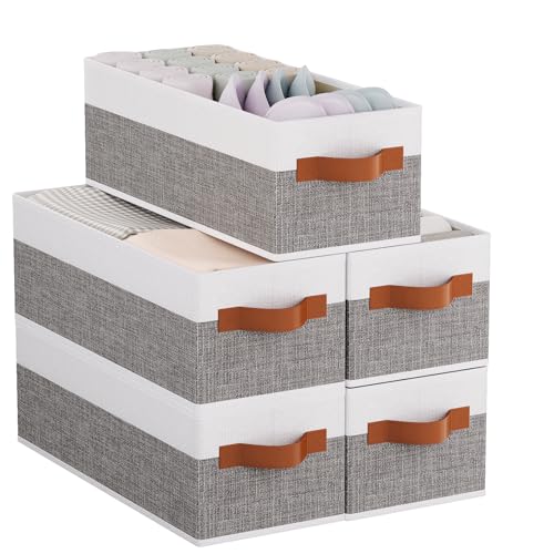 5 Pack Collapsible Storage Baskets, Fabric Foldable Storage Cubes for Organizing, Clothes Organizer Boxes with Handles, White and Gray, 15 x 6 x 5 Inch - color: White/Grey, size: 5-Pack