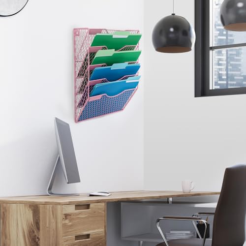 EASEPRES Mail Organizer Wall Mount Hanging File Holder Storage, Metal Chicken Wire Magazine Rack 5 Tier, Pink - color: Pink, size: 5 Tier
