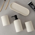 Bathroom Accessories Set, 4 Piece Travertine Stone Look Collection, Modern Bath Organizer with Soap Dispenser, Toothbrush Holder, Tumbler, Vanity Tray for Countertop Kitchen Sink (Off White) - color: Off White