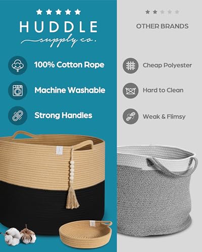 XXXXL WASHABLE Blanket Basket Living Room Boho 24" x 17" 2PCs Toy Baskets Woven Rope Basket for Blankets,Pillows,Throws,Laundry + Small Tray | Woven Storage Wicker (Black & Brown) - color: Black and Brown, size: Jumbo