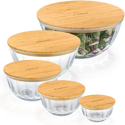 Large Stackable Set of 5 Nesting Glass Bowls with Bamboo Lids for Foodprep, Storage, Baking, Sourdough Mixing & Cooking. Microwave & Oven Safe Heat Resistant Inert Borosilicate Glass - color: 5 Mixing Bowls with Bamboo Lids (Diamond)
