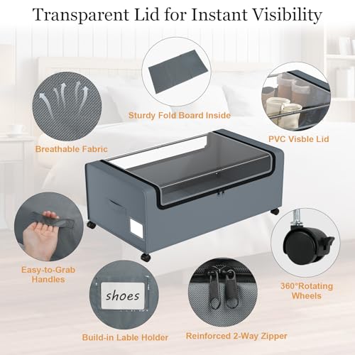 Webetop 12 inch Under the Bed Storage Bins with Clear Lid, Under Bed Storage Containers with Wheels for Underneath Small Spaces Dorms, Blankets (2 Pack, Grey, 30.7"x17.3"x12") - color: Grey, size: 12 inch height