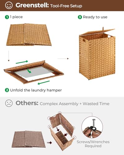 Greenstell Laundry Hamper No Install Needed, Divided Clothes Hamper with 2 Removable Liner Bags, 90L Handwoven Synthetic Rattan Laundry Basket with Lid and Handles, Foldable Natural - color: Natural, size: 90L (18.3x13.3x24.0 Inches)