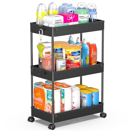 SPACEKEEPER Rolling Storage Cart 3 Tier Bathroom Cart Organizers with Wheels Laundry Room Organization Mobile Shelving Unit Utility Cart Storage Shelves Multi-Functional for Office, Home, Black - color: Black, size: 3 Tier
