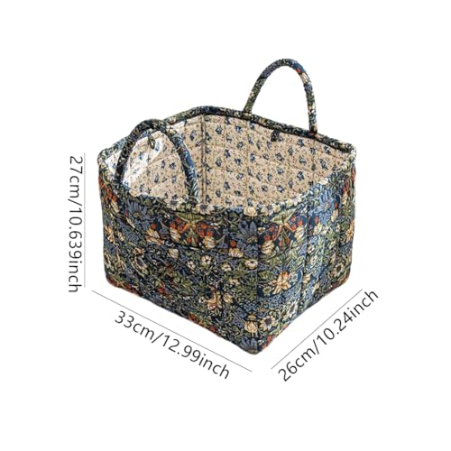 Boho Fabric Storage Basket, Boho Floral Laundry Baskets, Folding Bohemian Style Puffer Quilted Tote, Spring Vintage Storage Bag Organizer Large Capacity with Handle & Front Pocket (Blue) - color: Blue