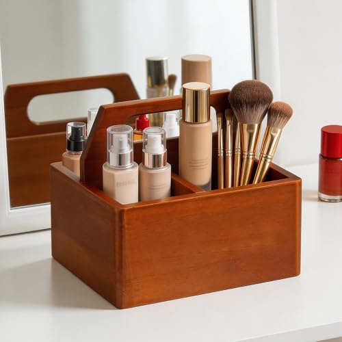 DAWASAPAT Acacia Wood Remote Control Holder with Handle, Desk Organizer with 3 Compartments, Wood TV Stand Decor, Easy Storage TV Remote Holder for Living Room, Bedside Caddy, Office Supplies