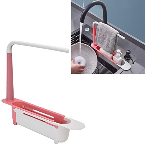 Telescopic Sink Storage Rack, Telescopic 2in1 Sink Expandable Storage Drain Basket Towel Rack Under Sink Organizers Telescopic Sponge Soap Holder for Kitchen Sink (Red) - color: Red