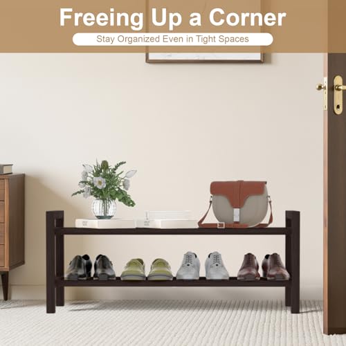 Haddockway Bamboo Shoe Rack for Closet, Free Standing Shoe Organizer with Smooth Round Rods & Convenient Handles, Stackable Shoe Storage Shelf for Entryway, Hallway(Brown, 2-Tier) - color: Brown, size: 2-Tier_Standard