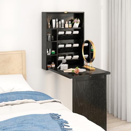 Tangkula Foldable Wall Mounted Desk, Floating Desk with Storage Shelves & Hooks, Space-Saving Fold-Up Murphy Table for Small Spaces, Home Office, Dorm Room - color: Black