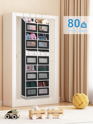 Over the Door Organizer Hanging- 10 Compartments, 80 lbs Load Behind Door Stuffed Animal Storage, Extra Large Toys Storage Organization for Bedroom, Bathroom, Nursery, Shoes, Diaper (black) - color: black