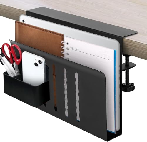 Desk Side Storage, Desk Laptop Holder with Magnetic Pen Holder, No Drill Desk Side Organizer for Office and Home Fits Flat Edge 0.3" to 2.3" - color: Black