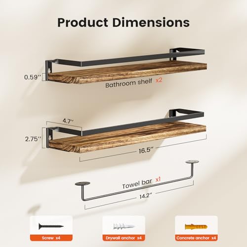 AMADA HOMEFURNISHING Bathroom Shelves with Towel Bar, Floating Shelves, Wall Shelves for Bathroom/Living Room/Kitchen/Bedroom, Rustic Brown, Set of 2 - AMFS01BN - color: Rustic Brown