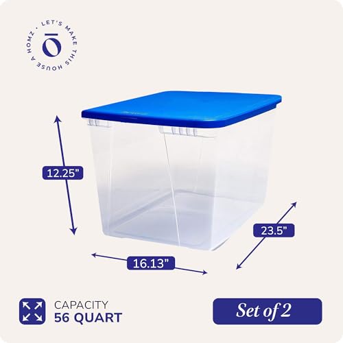 HOMZ 2-Pack Snaplock, Large Clear Plastic Storage Organizer Bins w/Lids, 56 Quart, Blue - Stackable Container Boxes for Bedroom, Bathroom, Garage, and Office Organization - color: Blue Lid, size: 56 QT (2 Pack)