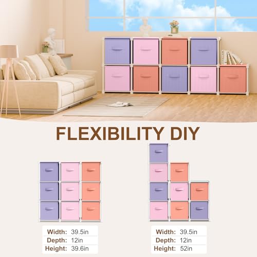 Briwooody 9 Cube Storage Organizer Bins with Shelf 11'' Toy Storage Box Back to School Dorm Organizers Fabric Unit for Playroom Book (Pink,Purple,Orange) - color: Pink,Purple,Orange