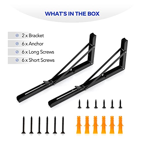 Ravinte 2 Pack 16 Inch Folding Shelf Brackets – Matte Black, Heavy Duty Collapsible Brackets for Tables and Benches – Space-Saving Design - size: 16 Inch