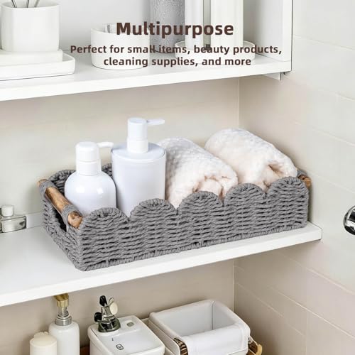 CubesLand Bathroom Basket Organizer w/Cut Out Handle, Back of Toilet Paper Storage Baskets Tray for Bathroom Countertop Decorative, Scalloped Wicker Basket Also for Home Decor, Living Room, Grey - color: Grey