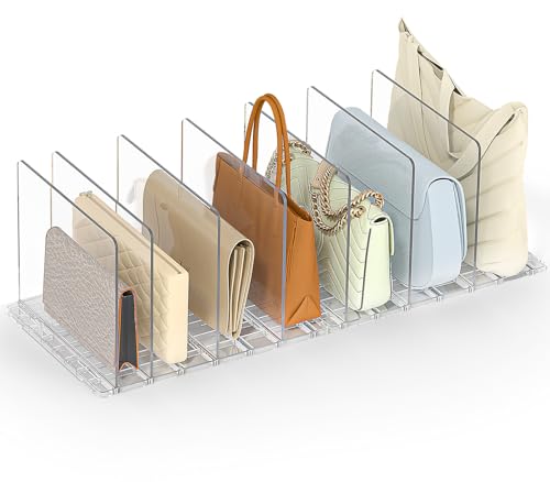 SortNStore Bag & Purse Organizer for Closet: Adjustable Clear Handbag Storage Shelf - Plastic Clutch Dividers for Closet Organizers and Storage - Keep Carteras & Pocketbook Upright - color: Clear, size: 2 Bases+7 Dividers