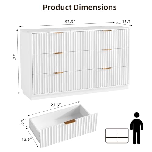 VOWNER Fluted 6 Drawers Dresser for Bedroom, 54" Wide Modern Chest of Drawers with Metal Handle, Closet Clothes Storage Organizer, Wood Dresser TV Stand for Living Room, Closet, Hallway, Entryway - color: White & Marble