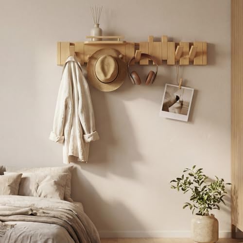 Mid Century Modern Walnut Foldable Entryway Wall Coat Hanger Hook with Shelf,Heavy Duty Wooden Piano Hidden Towel Hooks for Bathroom,Wall Rack for Purse&Key&Mail,Home Decor (Natural, 9 Hooks) - color: Natural, size: 9 Hooks