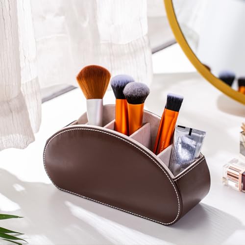 Remote Control Holders Organizer Box with 5 Compartment PU Leather Multi-functional Office Desk Storage Caddy Store Tv Remote for Media Player,Brush,Pencil,Glassees&Office Supplies (Dark Brown) - color: Dark Brown, size: S