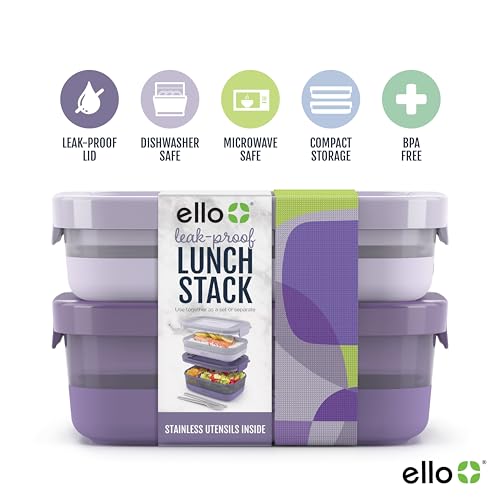 Ello 2-Pack Bento Box Lunch Stack Plastic Food Storage Container | Leak-Proof Locking Plastic Lids | Silicone Base | BPA-Free | Freezer Microwave and Dishwasher Safe | Wisteria - color: Wisteria